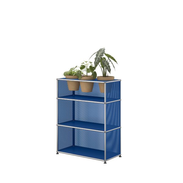 USM Haller Selection geperforeerde kast met open modules en planten